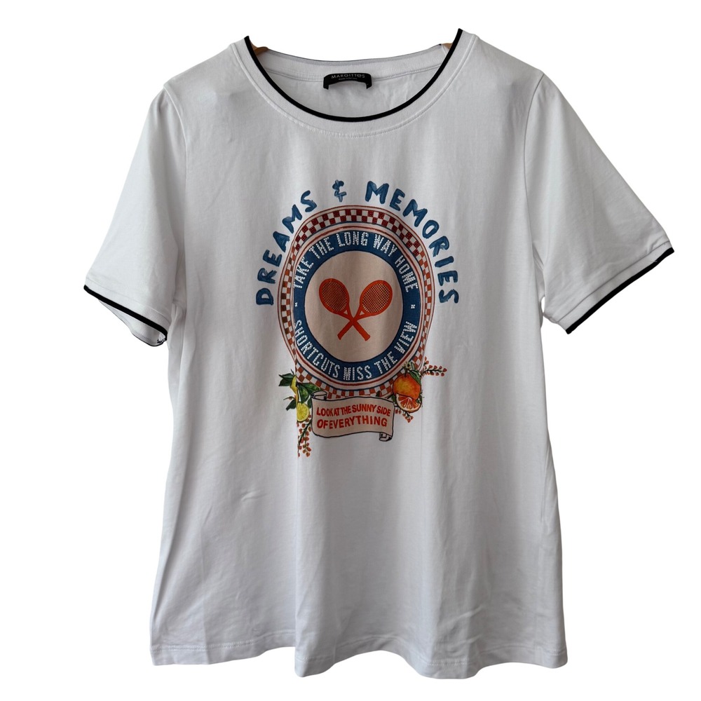 Margittes Preppy Women White Tennis Graphic T-Shirt Rhinestone Cotton Size 44/LG
